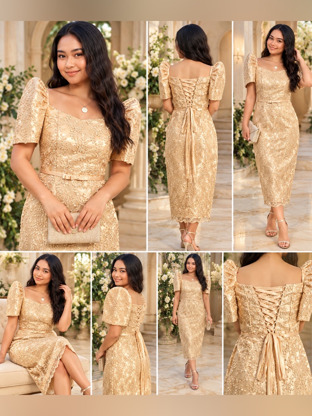 Filipiniana Champagne Midi Dress with Intricate Embroidery & Lace-Up Corset Back